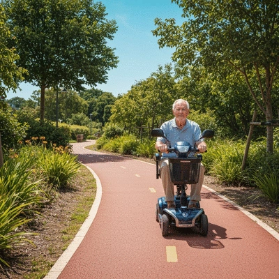 Person safely operating a mobility scooter on a designated pathway, daytime, sunny