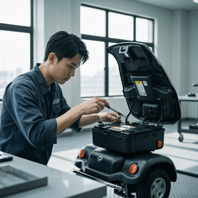 Person inspecting a mobility scooter's battery compartment