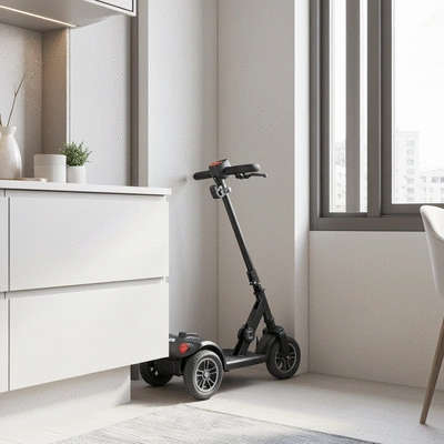 Compact folding mobility scooter stored neatly in a small apartment corner, modern interior, no text, no words, no typography, clean image