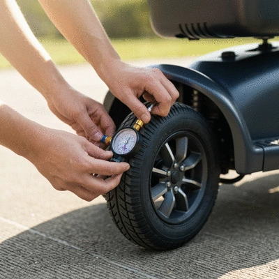 Close-up of a person checking the tire pressure on a mobility scooter tire