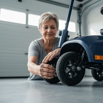 Person performing maintenance on a mobility scooter in a clean garage