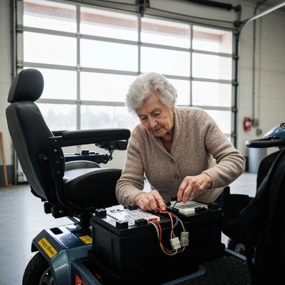 Person inspecting the battery compartment of a mobility scooter
