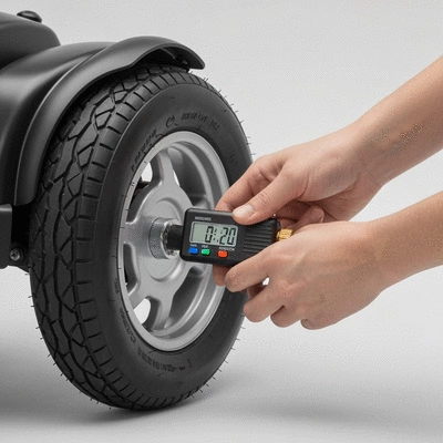 Close-up of a hand checking mobility scooter tire pressure with a gauge