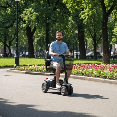 Person using a mobility scooter for daily errands in an urban park, bright sunny day, no text, no words, no typography, clean image