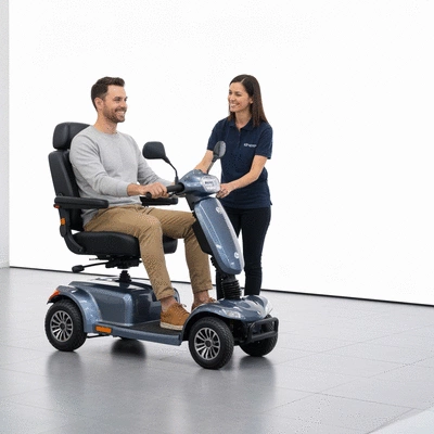 Person test driving a mobility scooter in a showroom, with an expert assisting