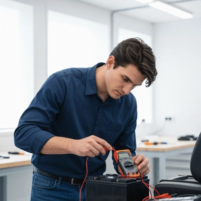 Person inspecting mobility scooter battery terminals with a multimeter