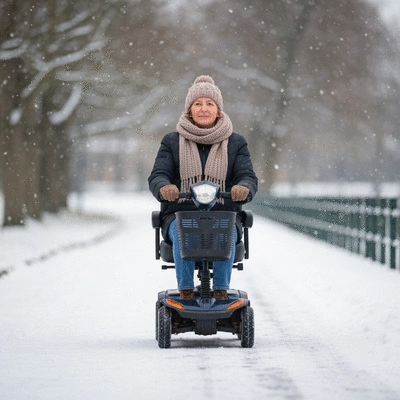 Person using a mobility scooter on a slightly snowy path, wearing warm winter clothing, with a blurred winter background, no text, no words, no typography