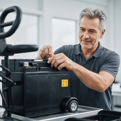 Close-up of a mobility scooter battery being checked by a technician, with a clean workshop background, no text, no words, no typography
