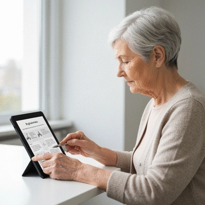 Elderly person reviewing mobility scooter regulations on a tablet, focused, bright room